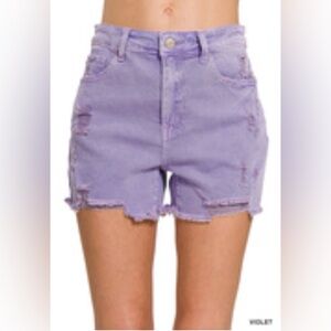 Zenana Violet Acid Wash Distressed Denim Shorts